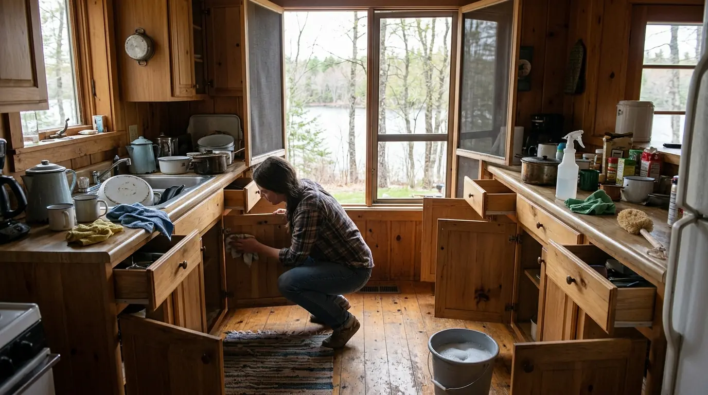 Cleaning cabinets in a cabin after winter rodent activity