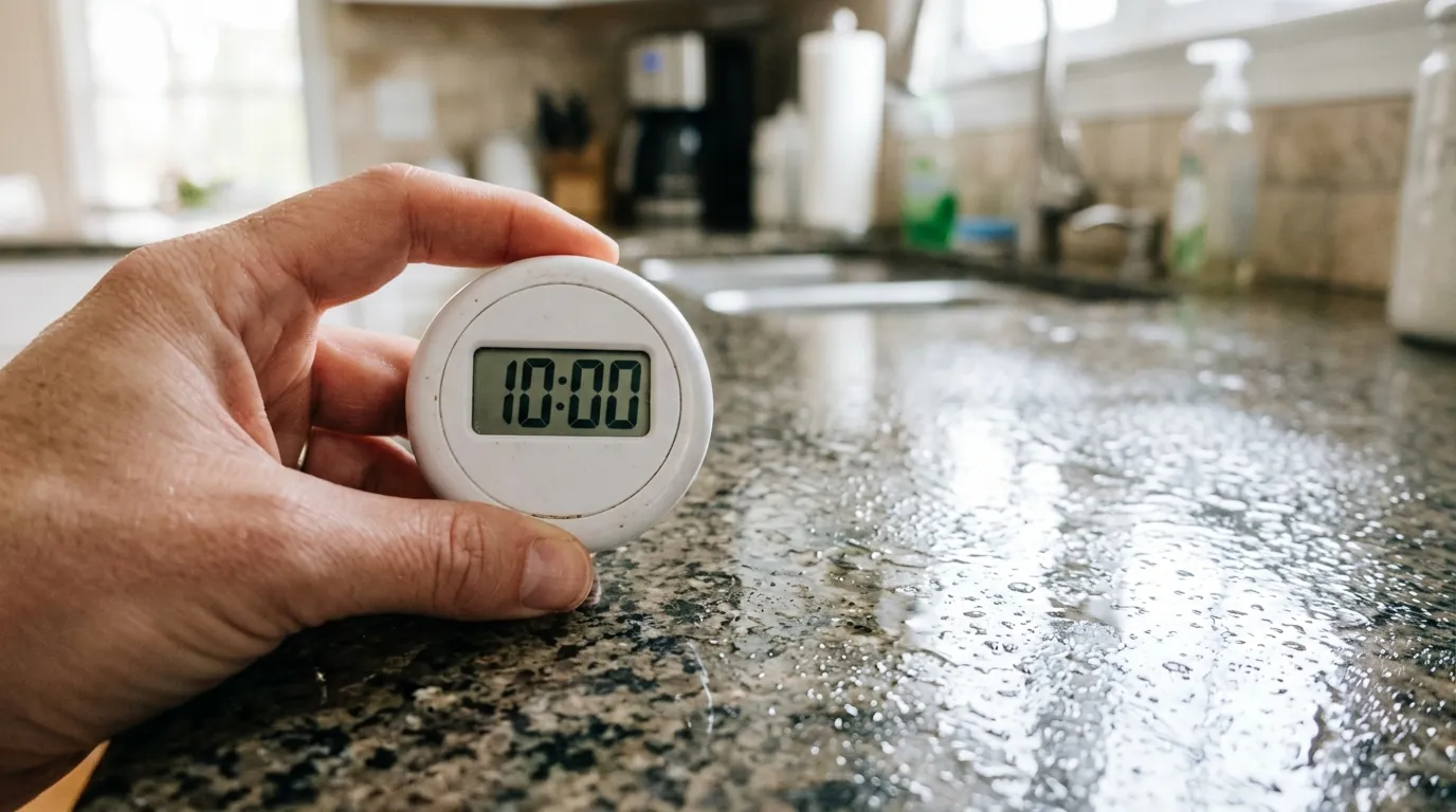 Disinfectant left wet on a counter for its contact time