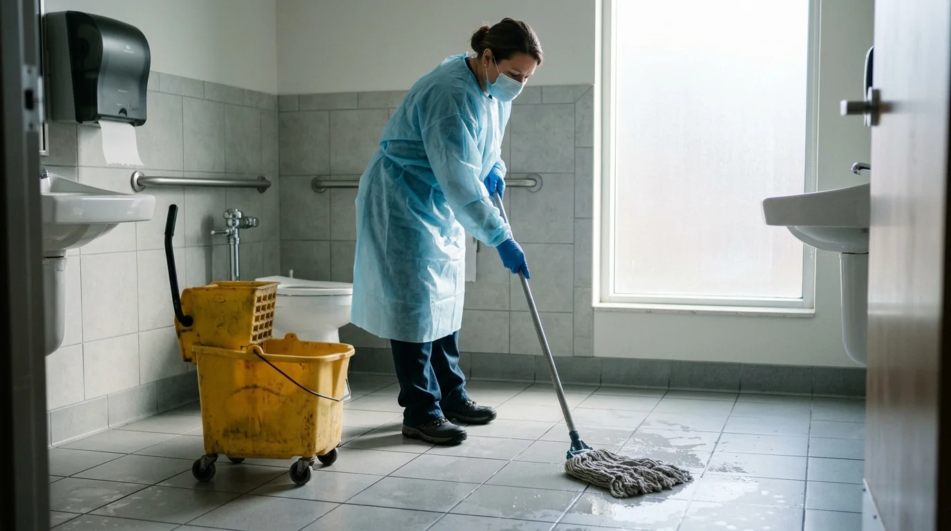 Mopping a bathroom floor with bleach solution after norovirus