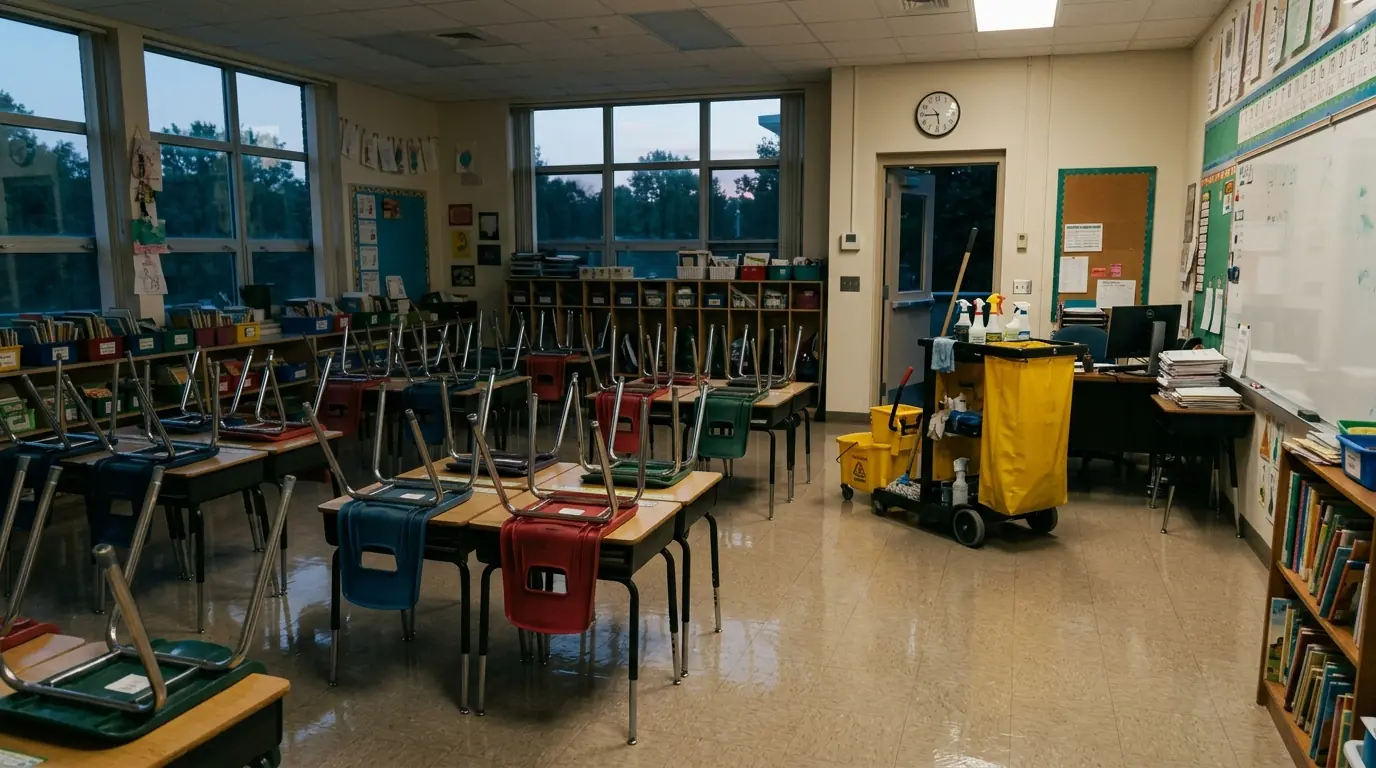 Classroom after an evening cleaning with chairs on desks