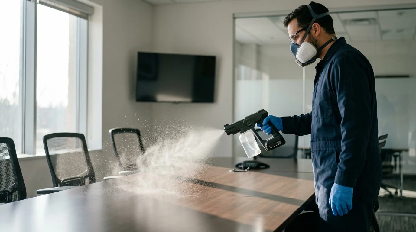 Electrostatic sprayer used on office desks in Bridgeport, CT