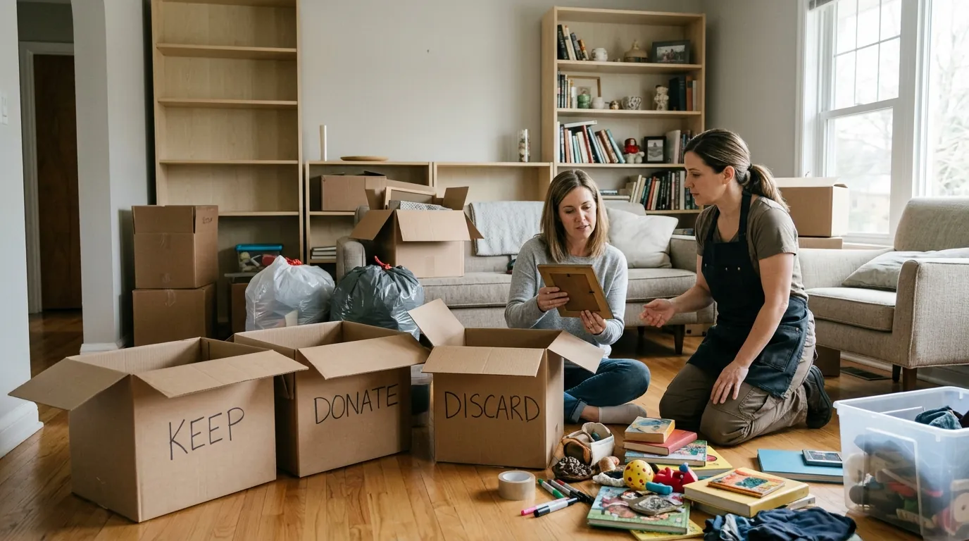 Sorting belongings into keep, donate and discard boxes
