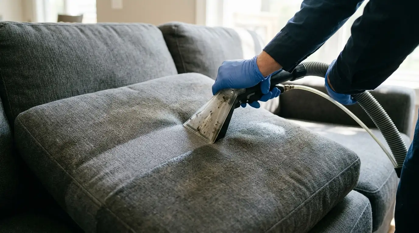Hot water extraction cleaning a fabric sofa cushion