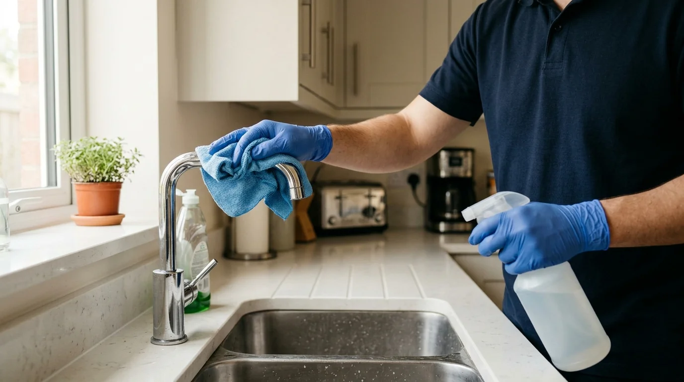 Disinfecting kitchen handles and a faucet in a family home