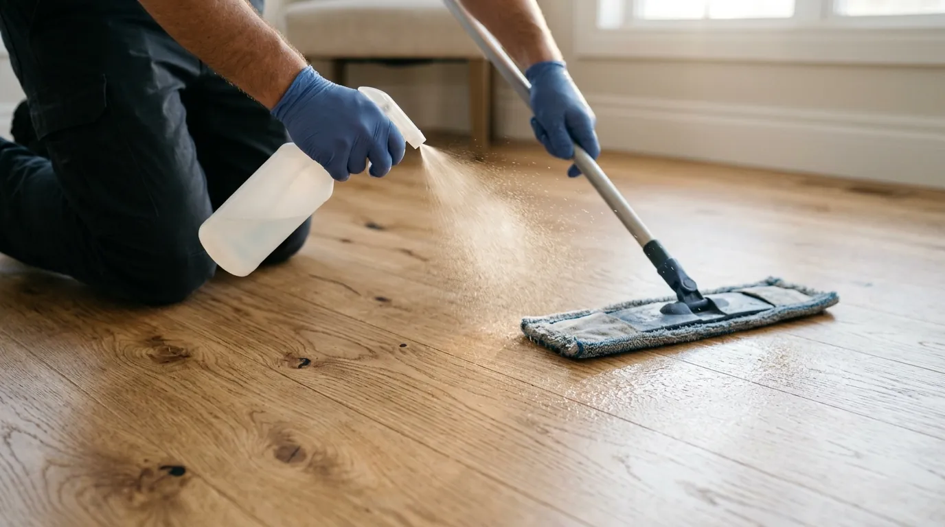 Cleaning an oak hardwood floor with a microfiber pad