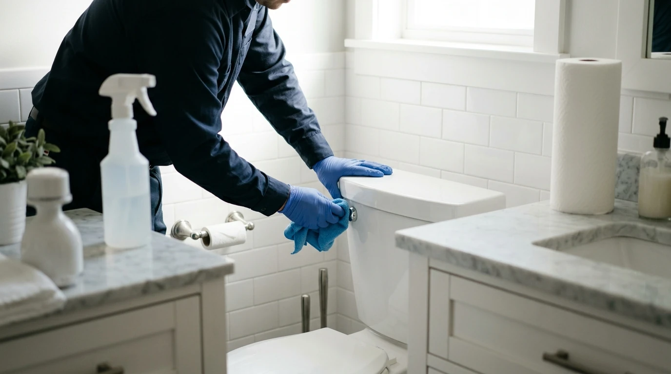 Disinfecting a flush handle and faucet in a bathroom after a stomach bug
