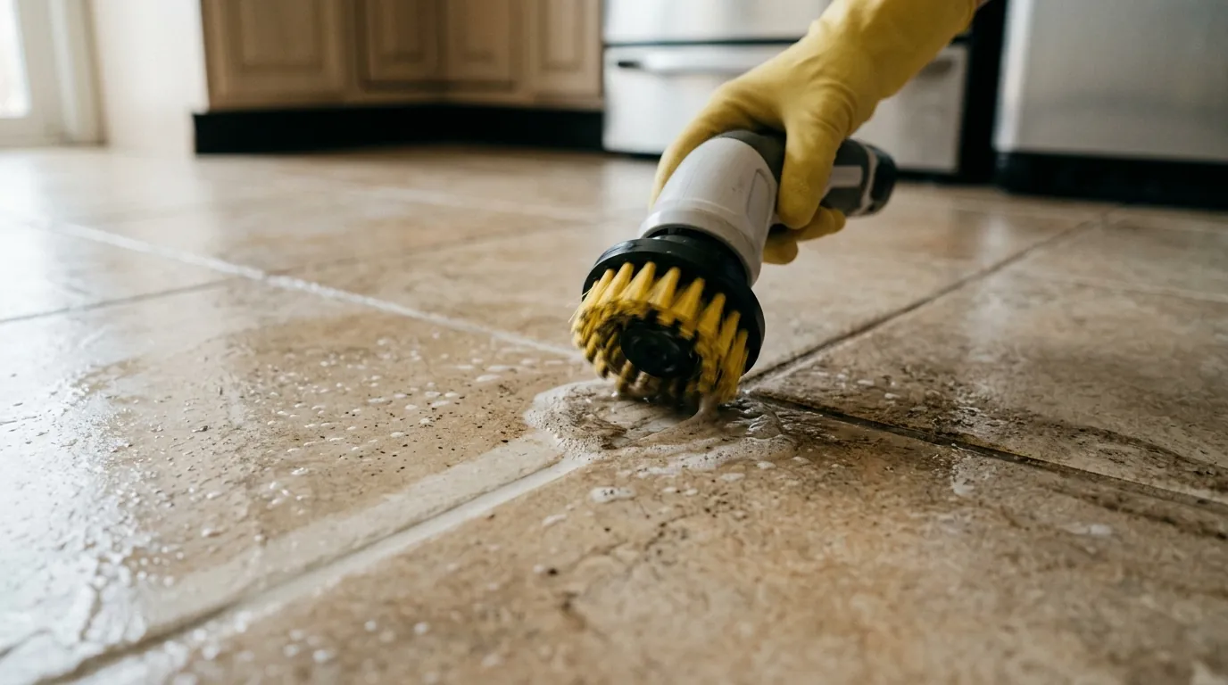 Scrubbing grout lines on a kitchen tile floor
