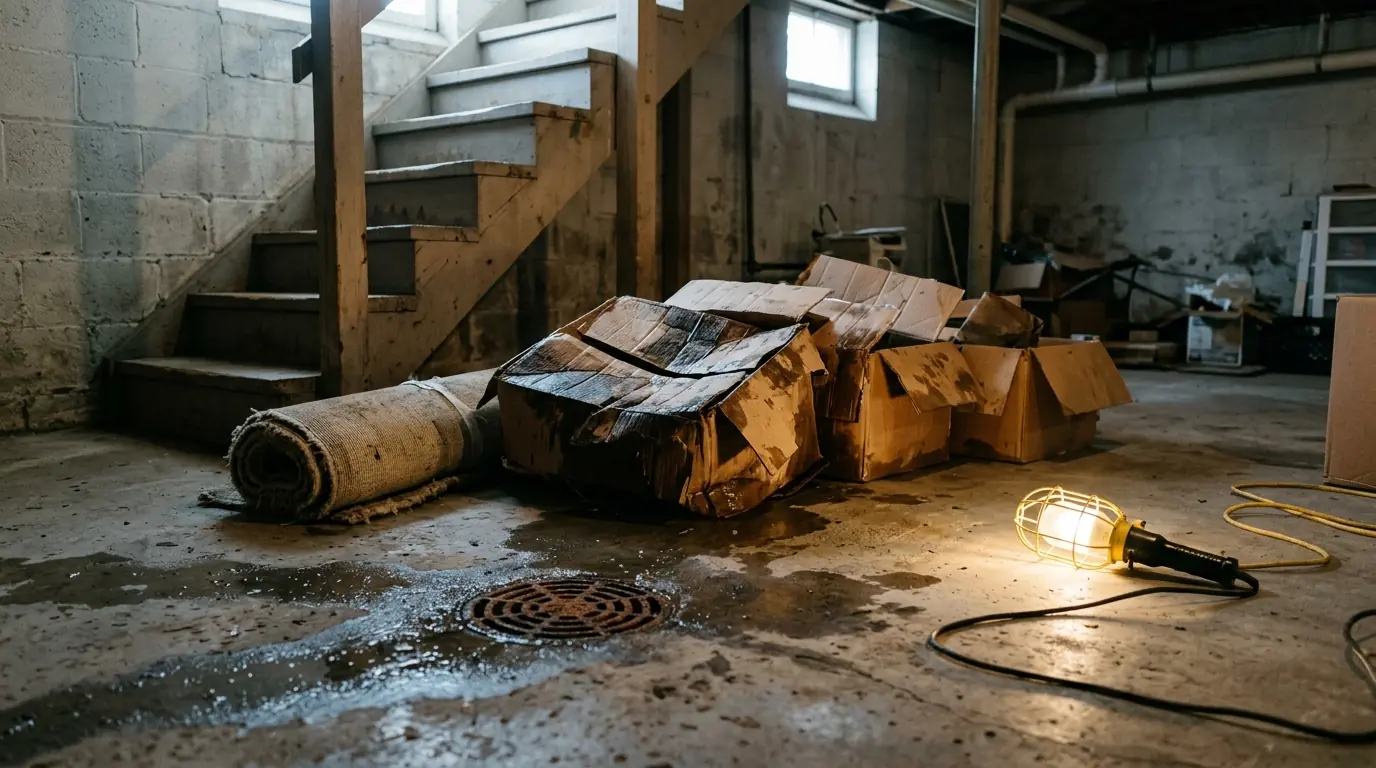 Soaked boxes and a rug set aside after a sewage backup