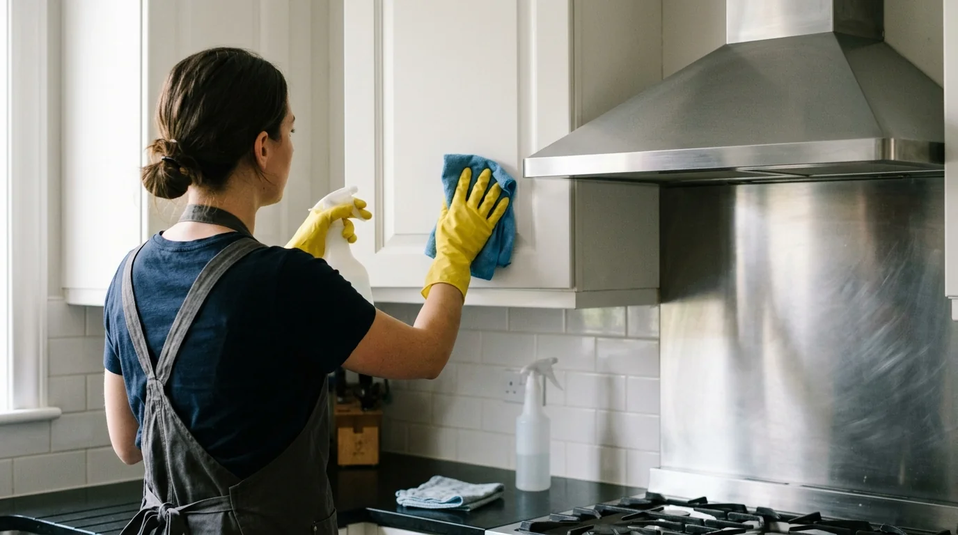 Degreasing kitchen cabinet fronts and a range hood during a deep clean