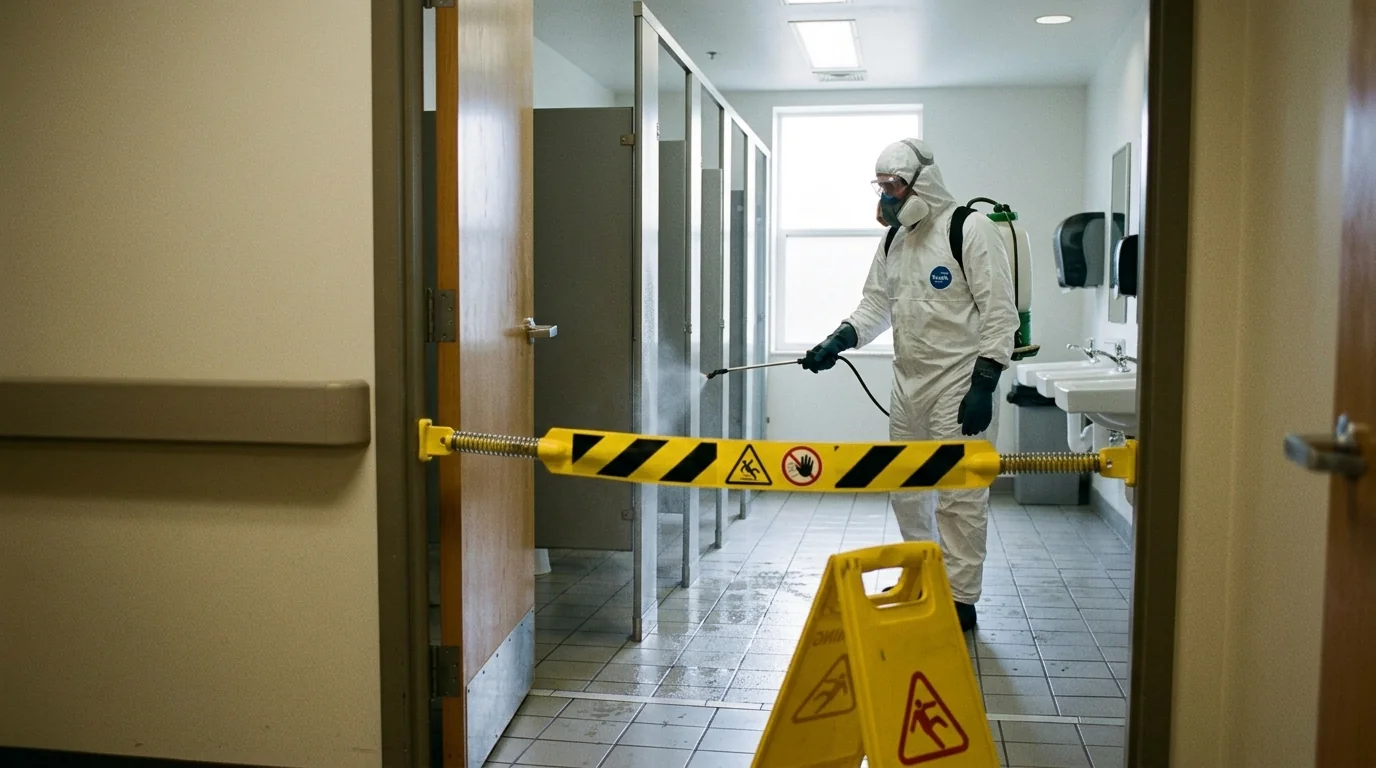 Commercial restroom closed off during biohazard cleanup