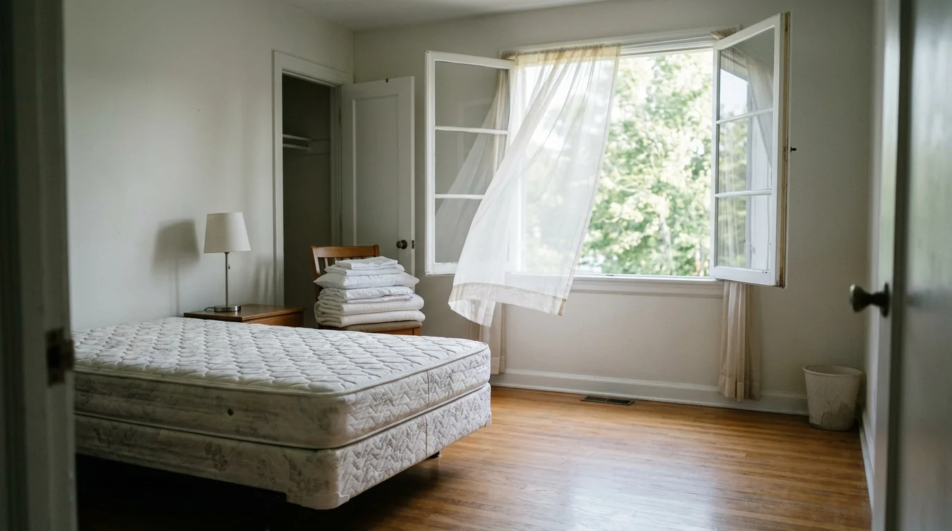 Calm, cleaned bedroom after trauma scene cleanup