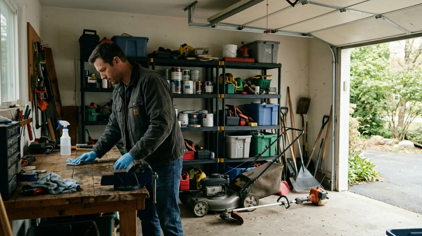 Disinfecting a garage workbench after rodent activity