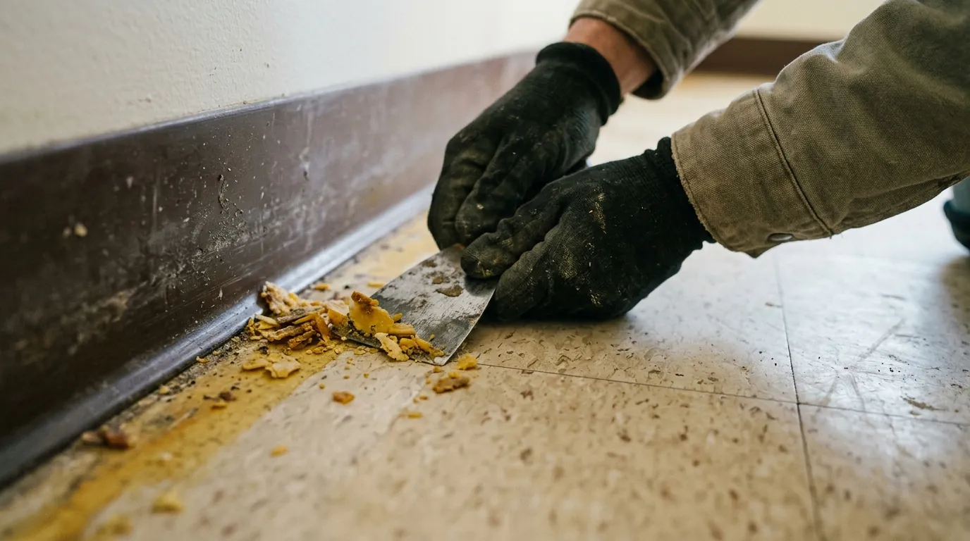 Scraping old floor finish from the edge of a room