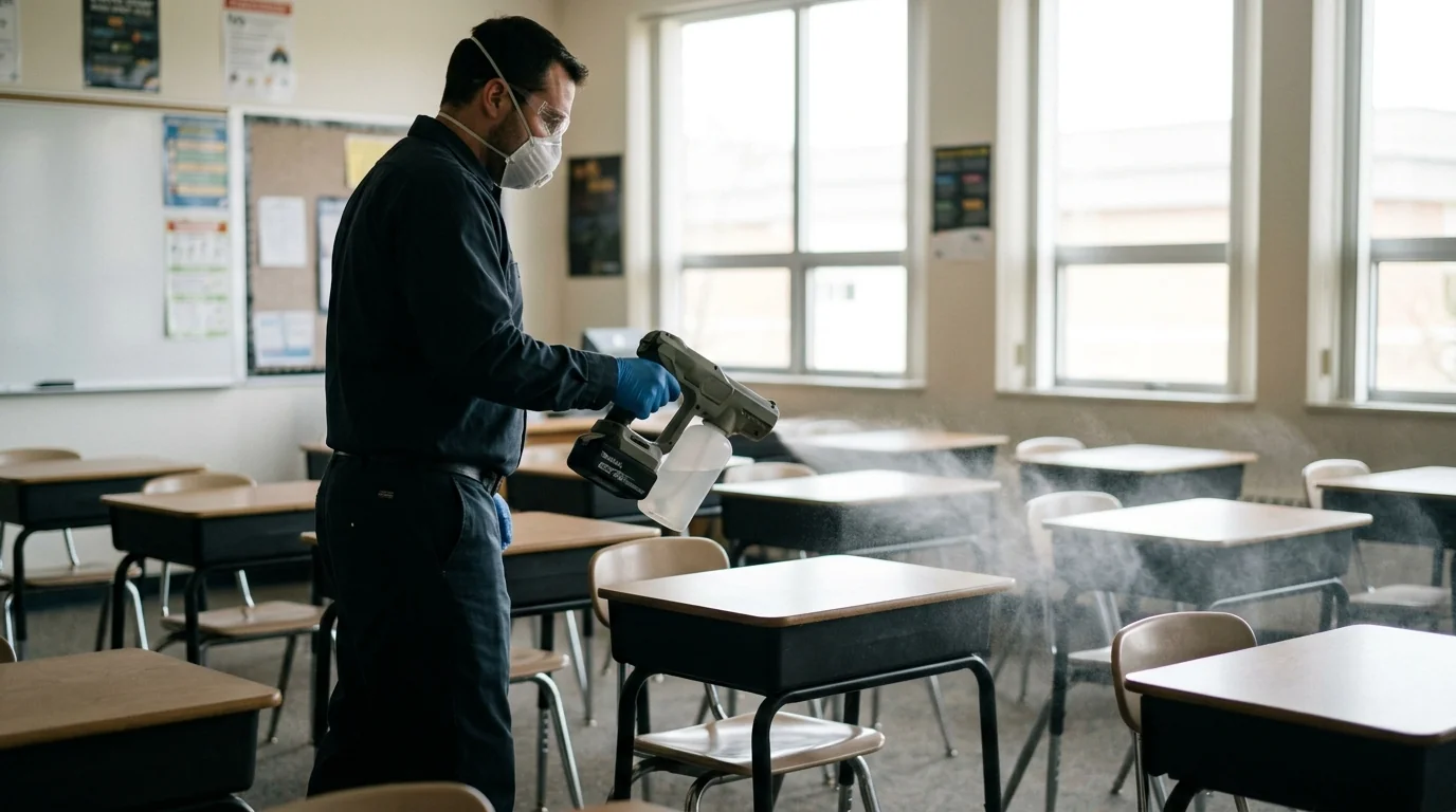 Electrostatic spraying of classroom desks