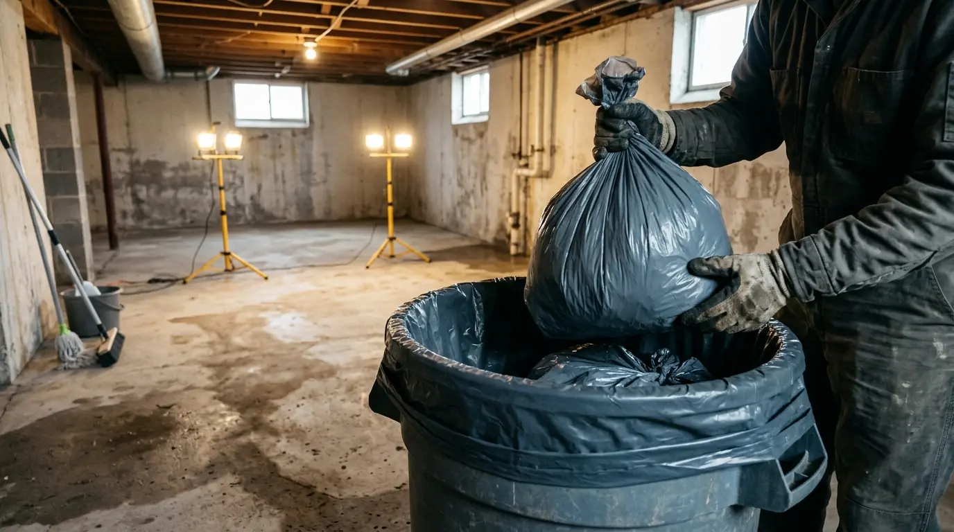 Biohazard technician sealing waste bags in a cleared Bridgeport room