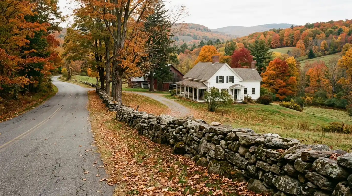 Farmhouse and stone wall in Litchfield County