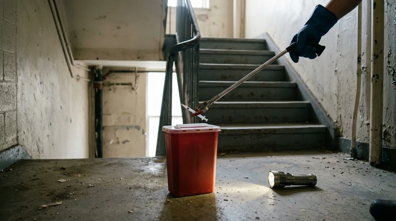 Placing a found syringe into a sharps container with tongs
