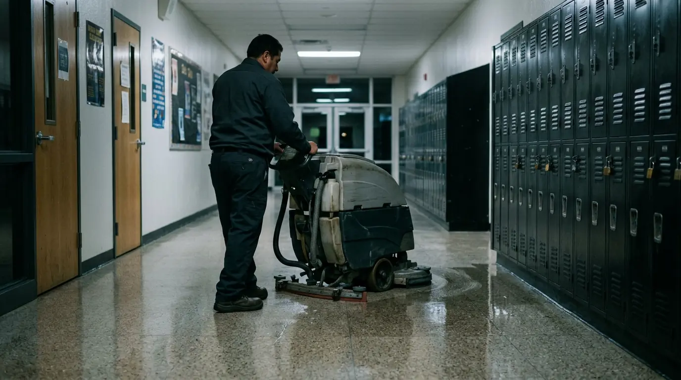 Auto-scrubbing a school hallway at night