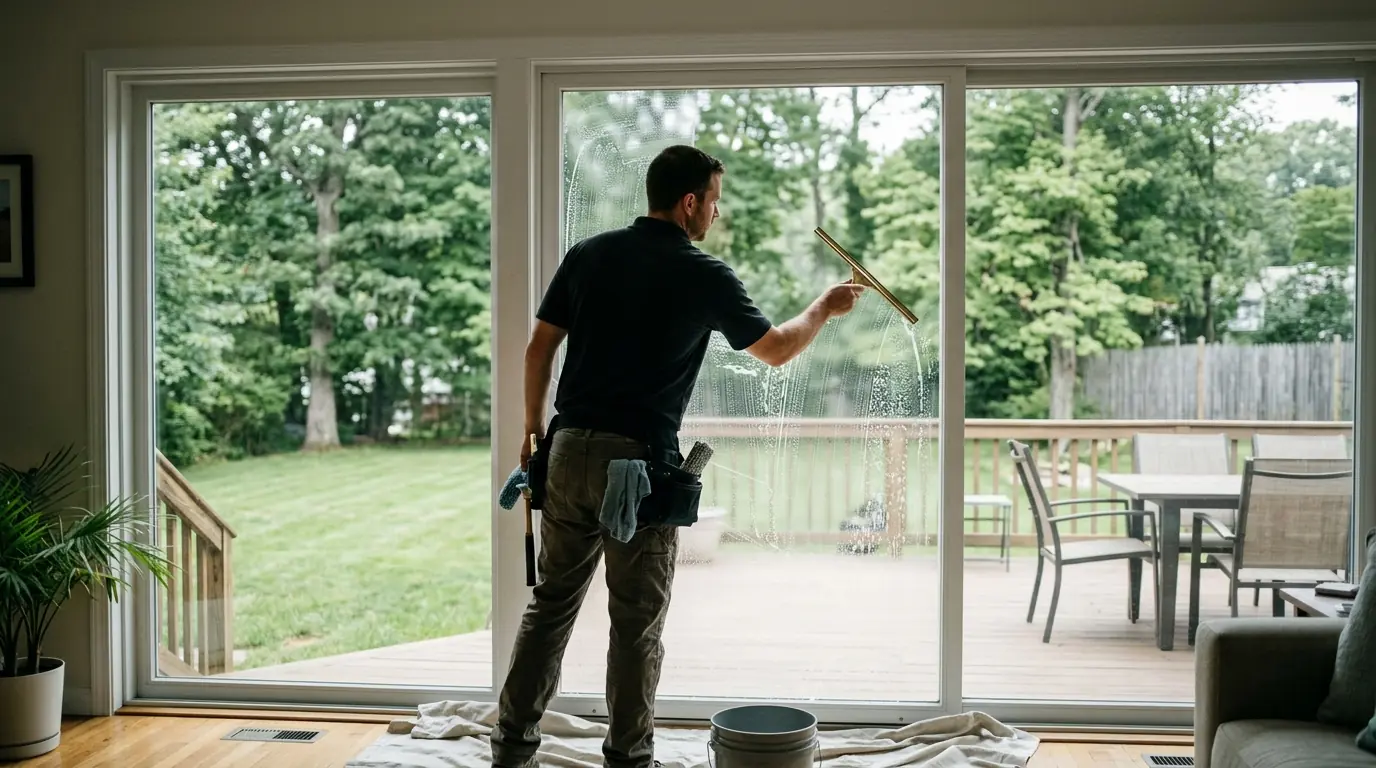 Squeegee cleaning a living room window