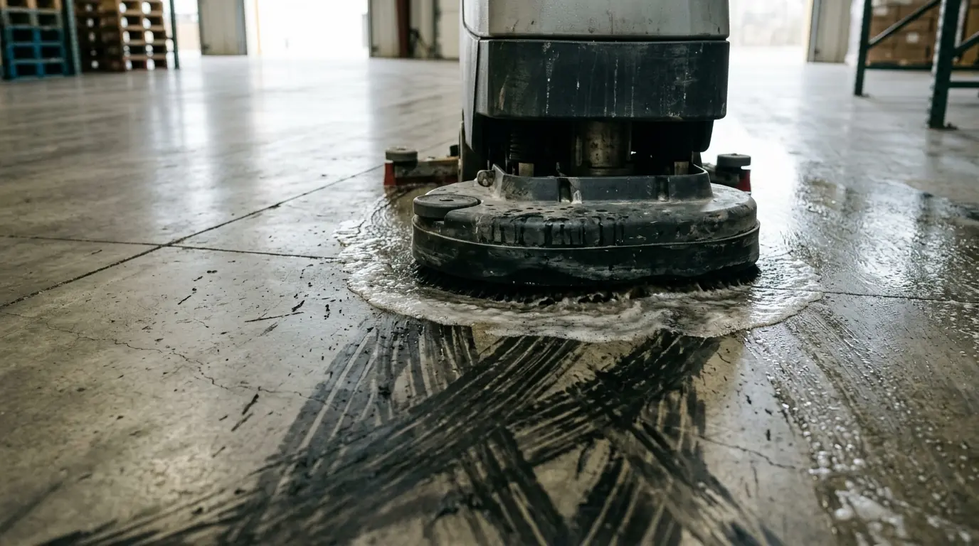 Scrubbing forklift tire marks off a warehouse floor