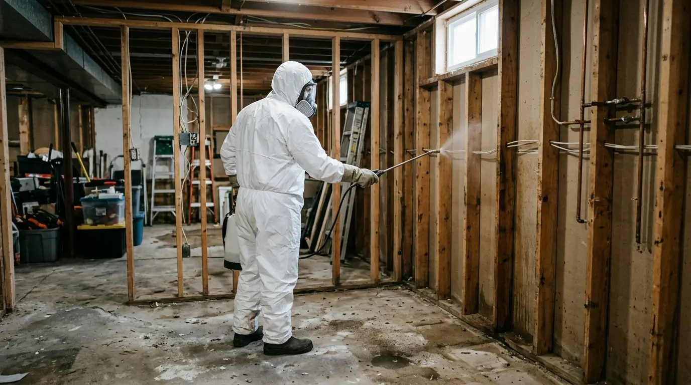 Disinfecting exposed wall studs after a basement flood