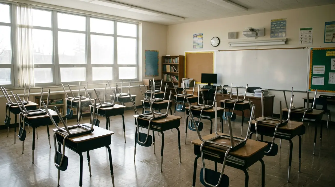 Classroom after electrostatic disinfection with desks wiped and chairs stacked