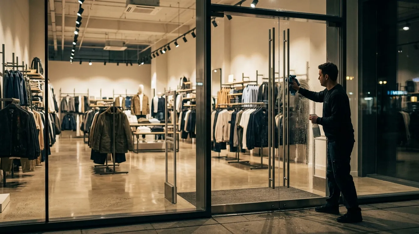 Cleaning glass entry doors of a retail store at night
