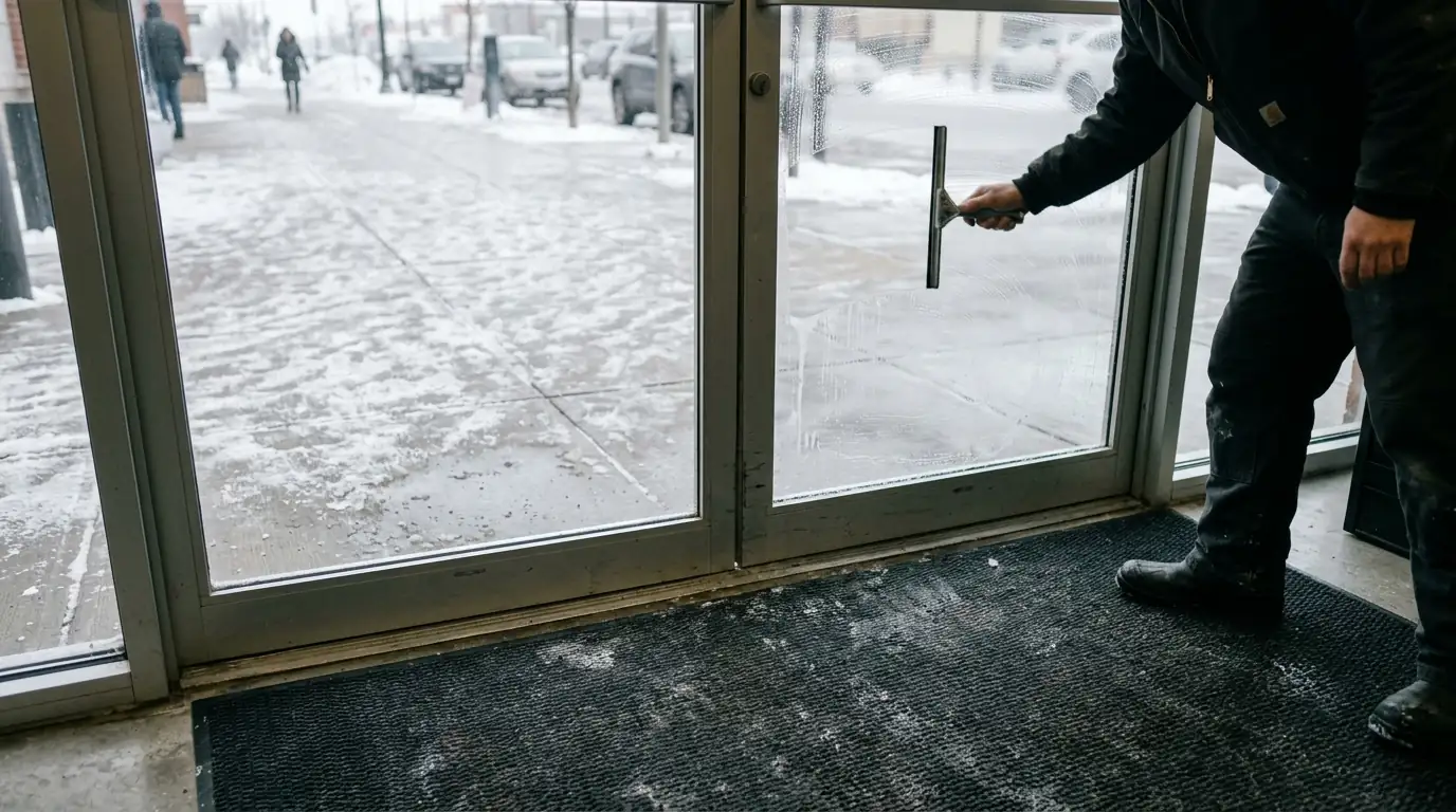 Cleaning store entry glass in winter