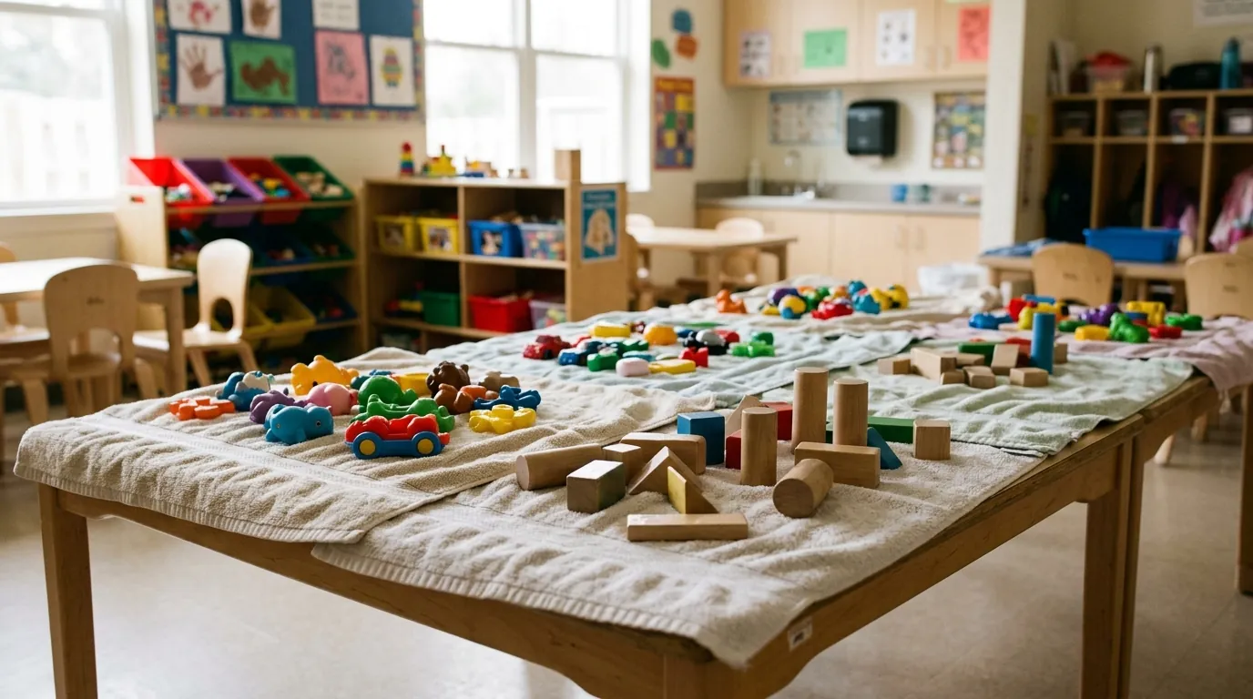 Sanitized toys drying on towels in a preschool classroom