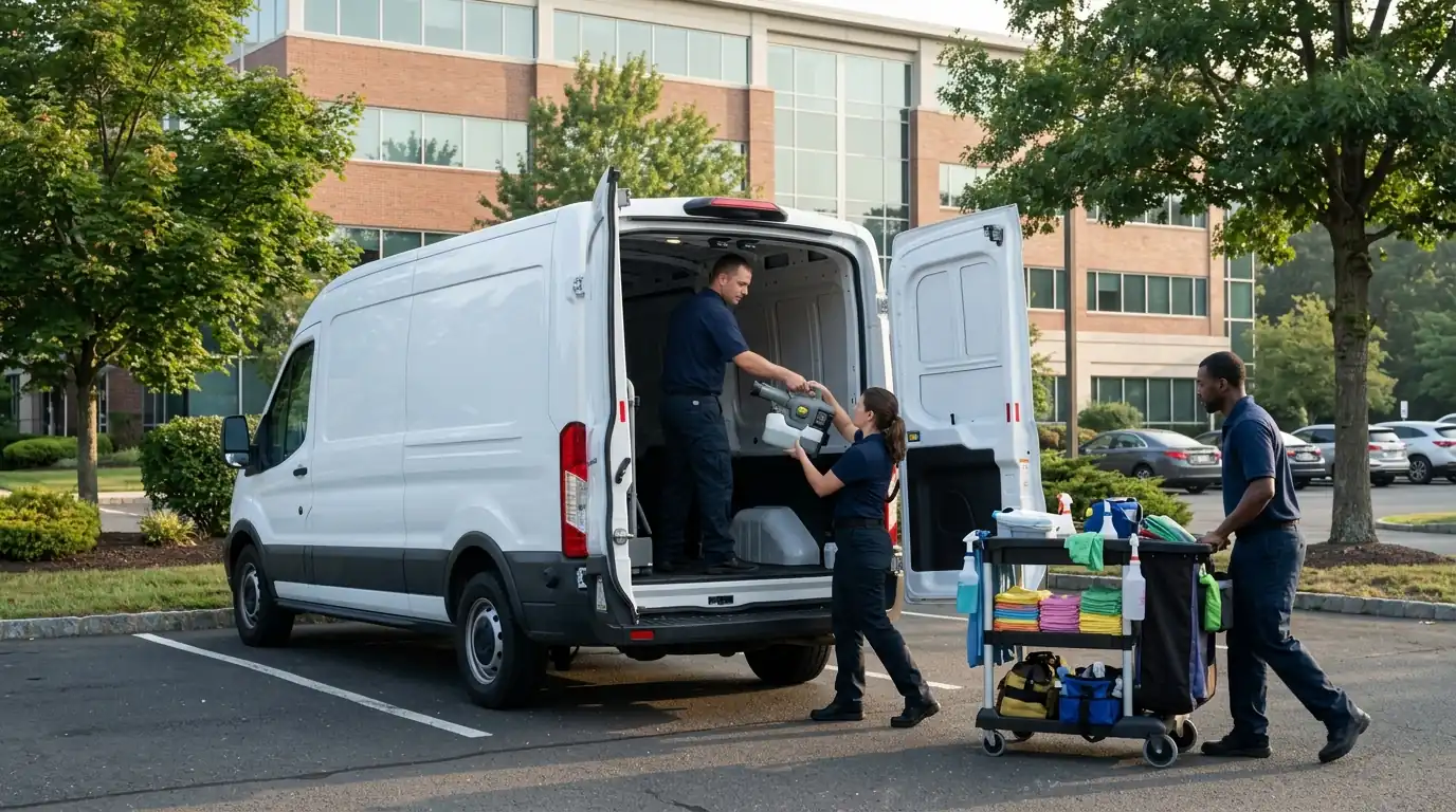 Crew loading cleaning equipment into a service van