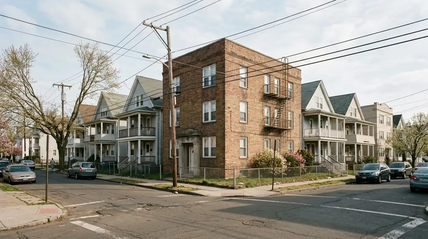 Apartment building and houses on a West End corner