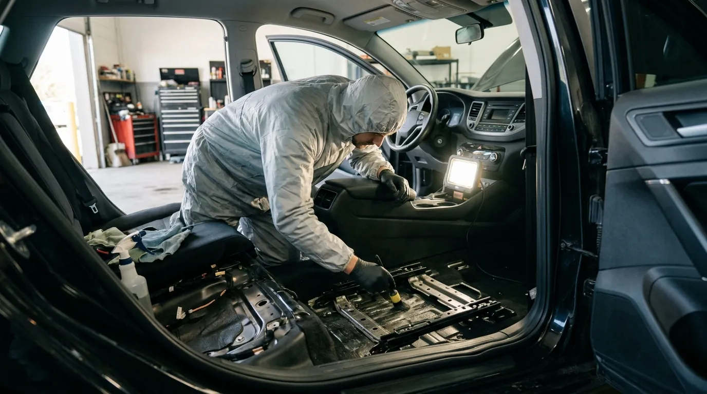 Cleaning a car floor pan with the seat removed