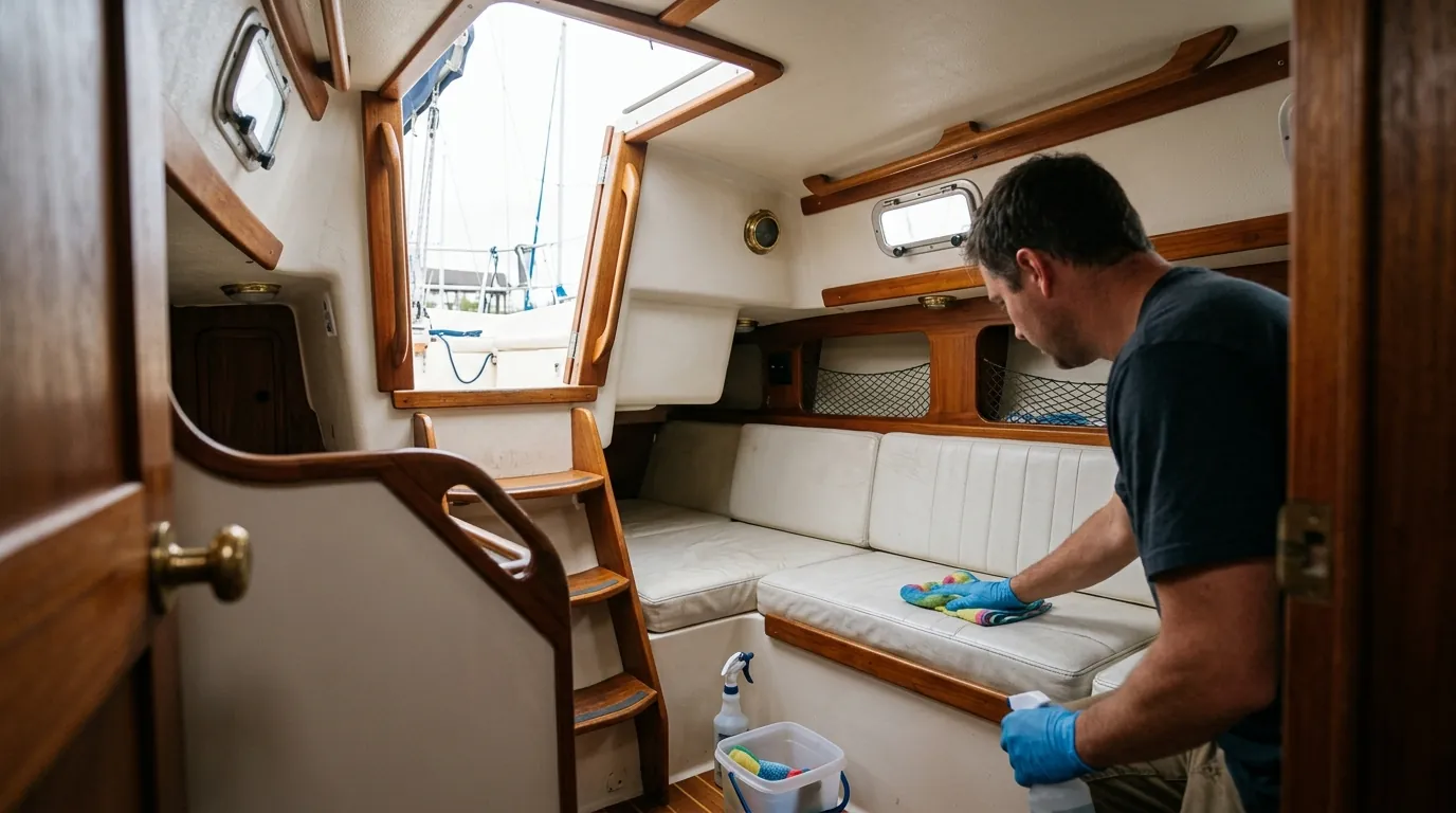 Cleaning a boat cabin with the hatch open