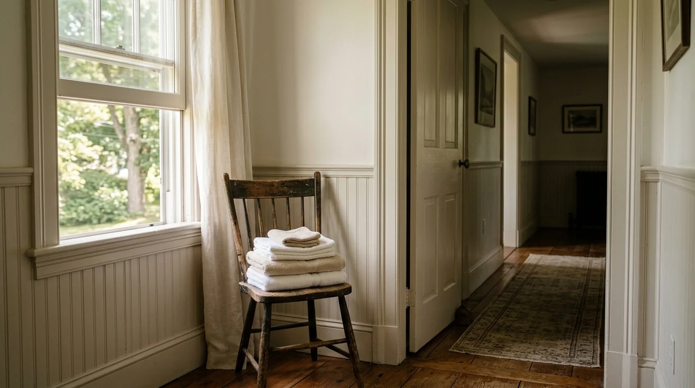 Quiet, aired-out hallway after a cleanup