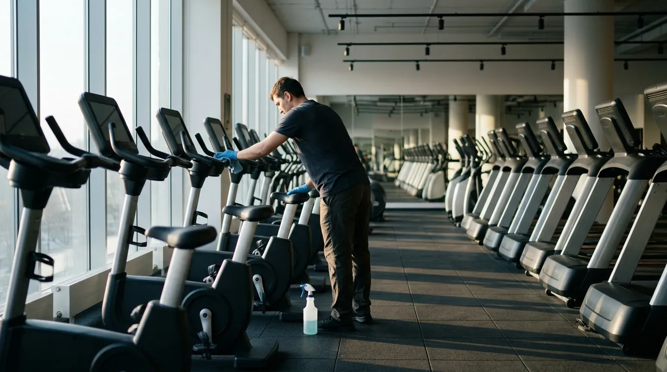 Wiping cardio machine handles and consoles