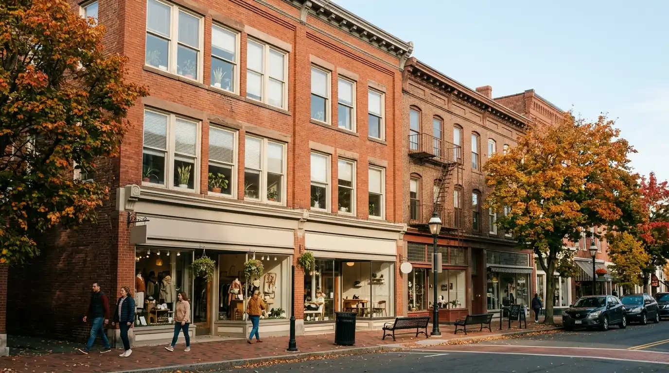 Brick storefronts and offices on a coastal Connecticut street