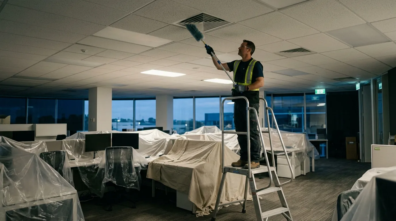 High dusting a ceiling vent in an office