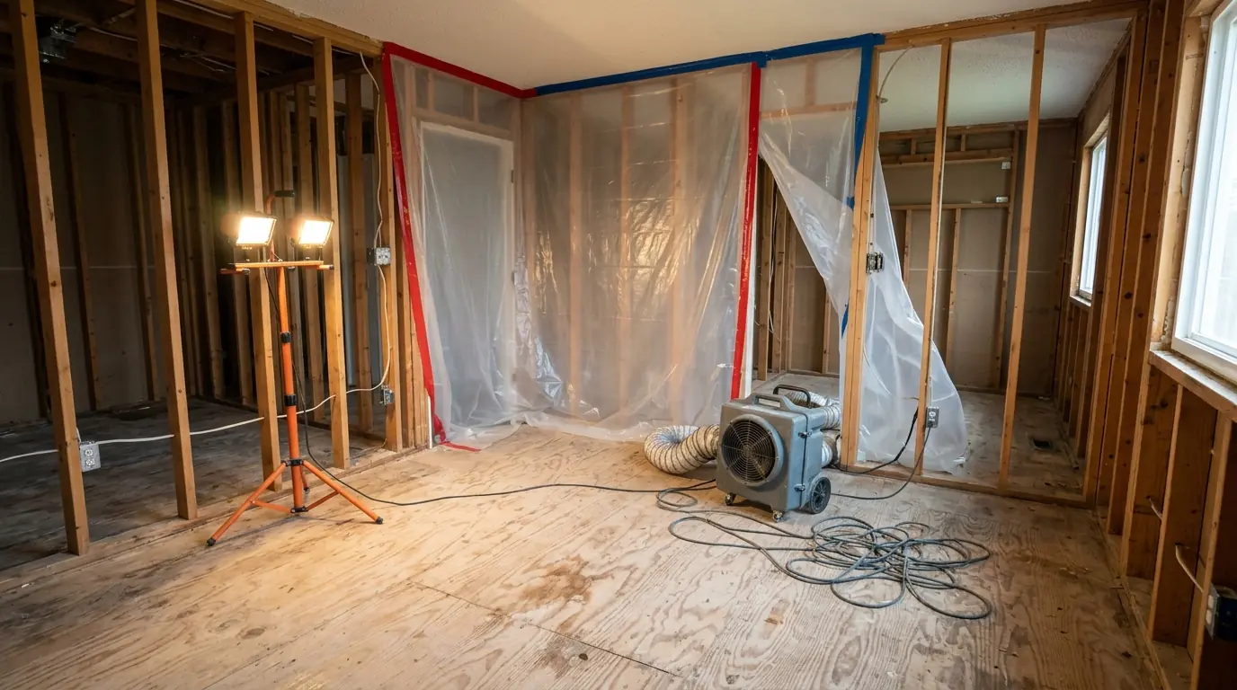 Room after contaminated carpet and drywall were removed