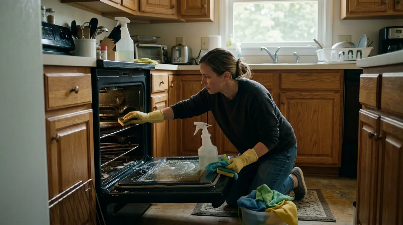 Cleaning the inside of an oven during a kitchen deep clean