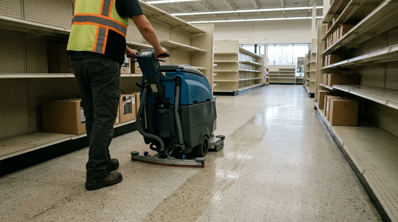 Scrubbing a store floor before a recoat