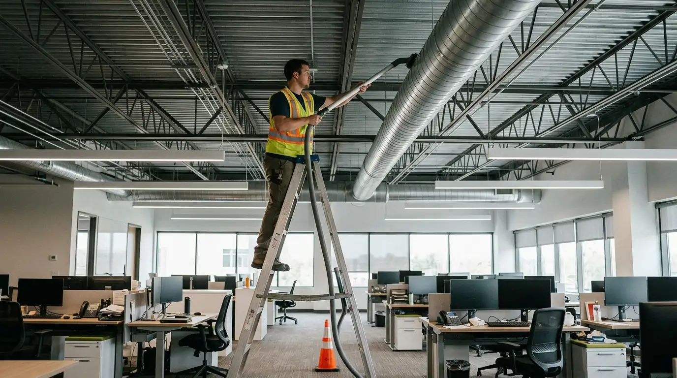 Vacuuming exposed ductwork in an open-plan office