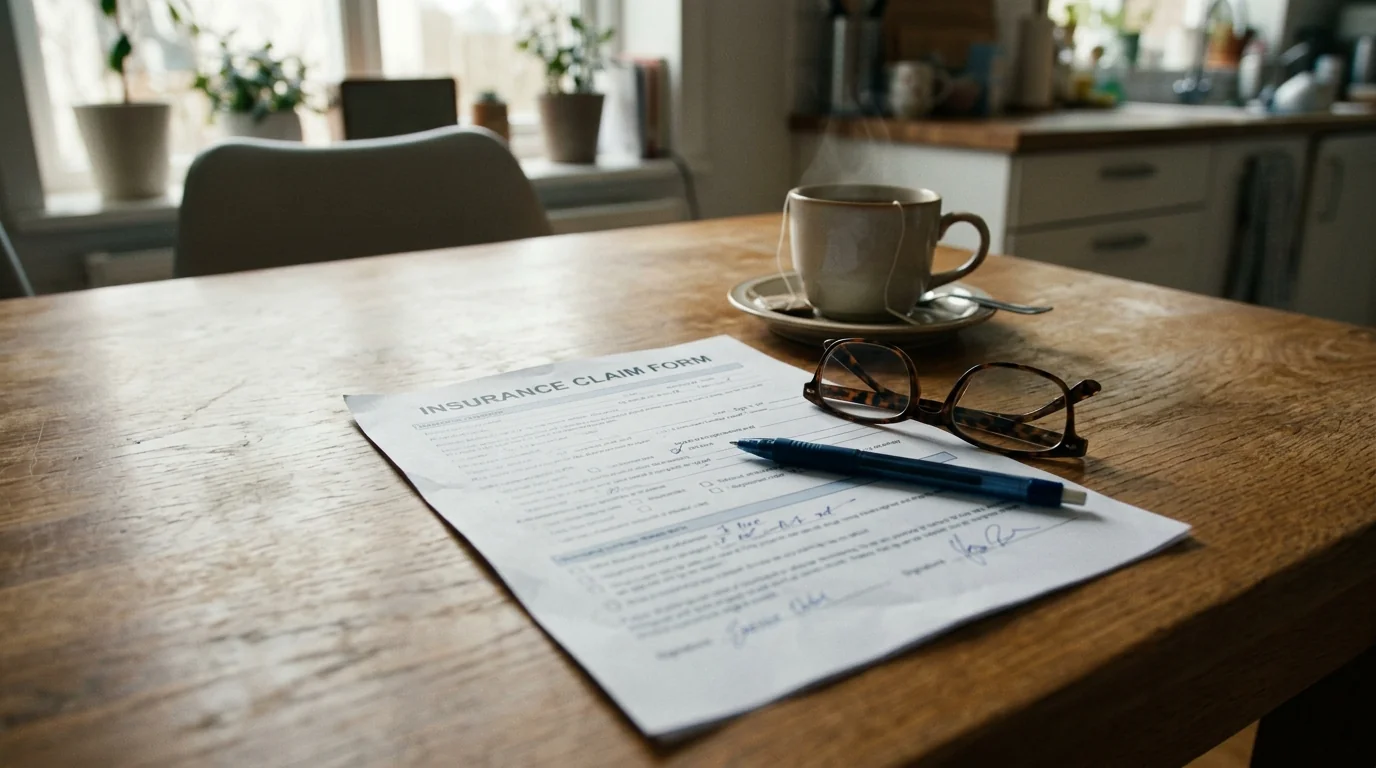 Paperwork for a cleanup claim on a kitchen table