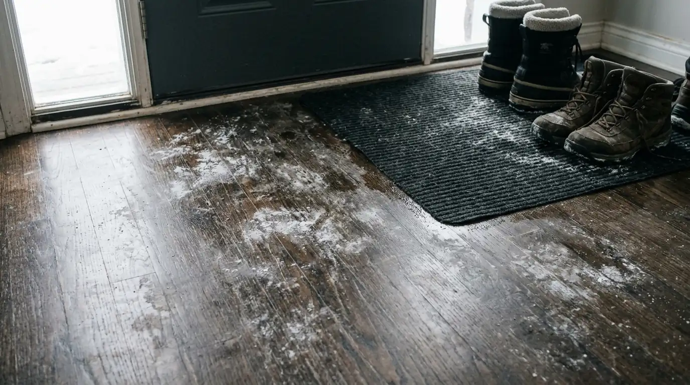 Road salt residue on hardwood near a front door