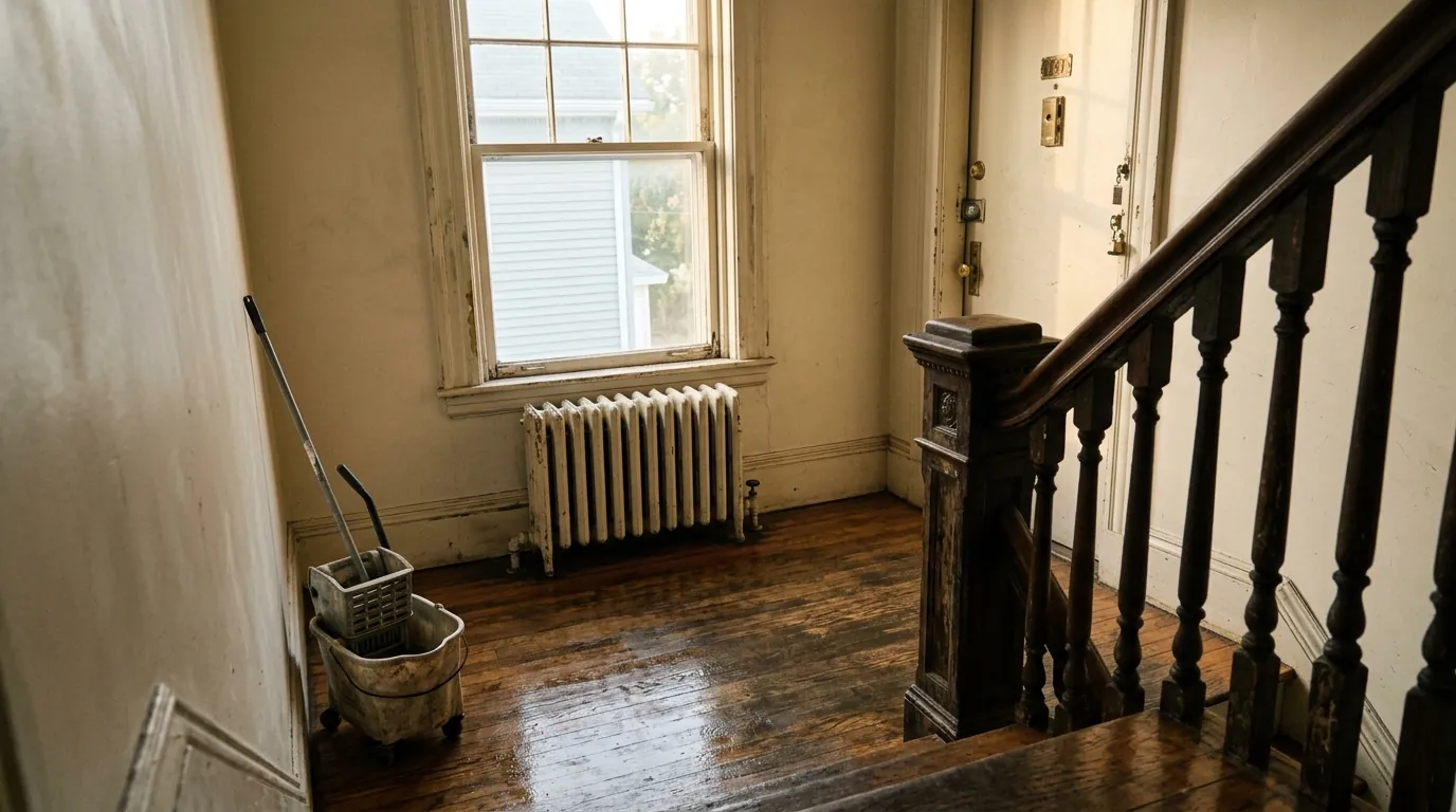 Mopped stairwell landing in a Bridgeport three-family house with an oak railing and radiator