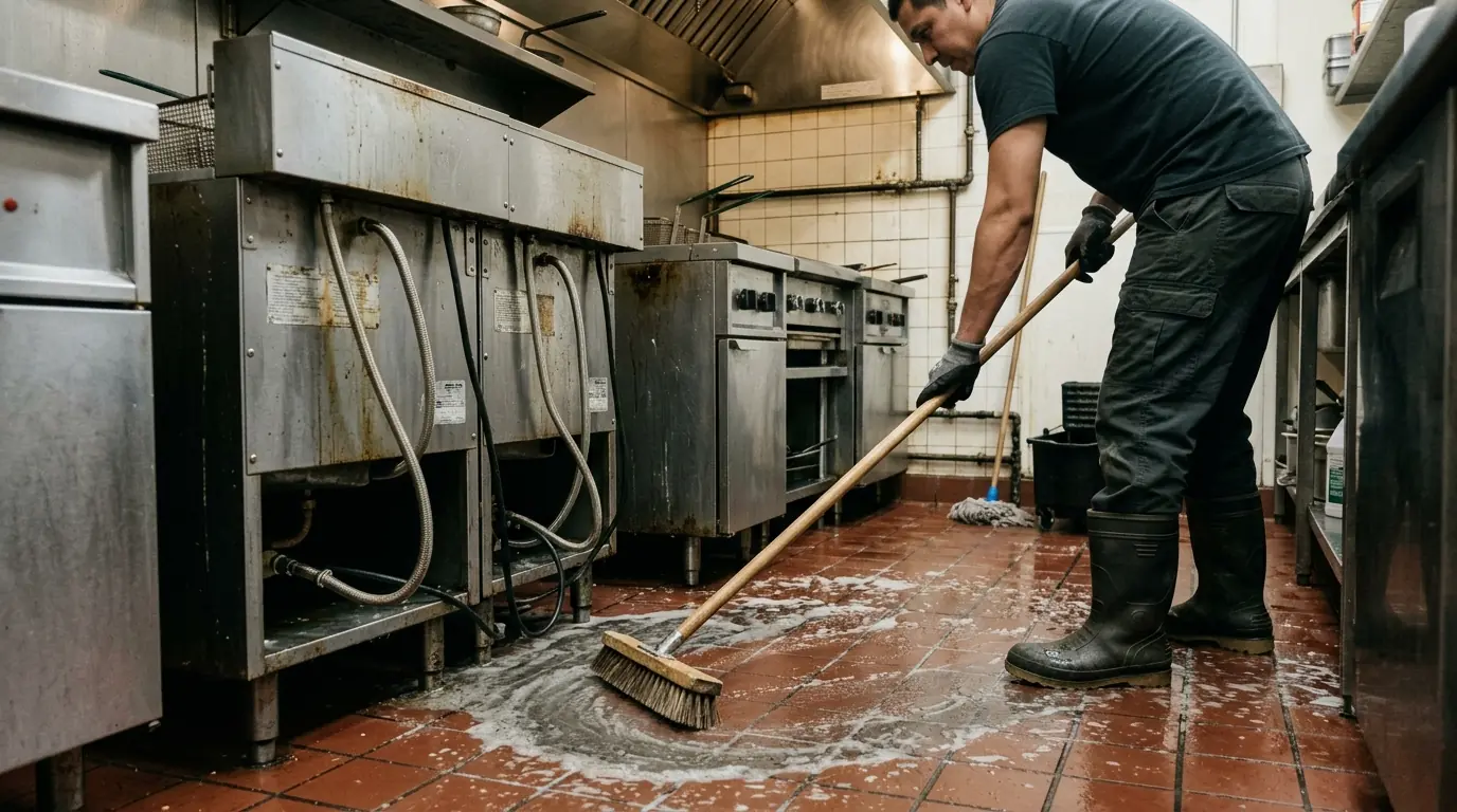 Scrubbing grease behind a kitchen fryer line