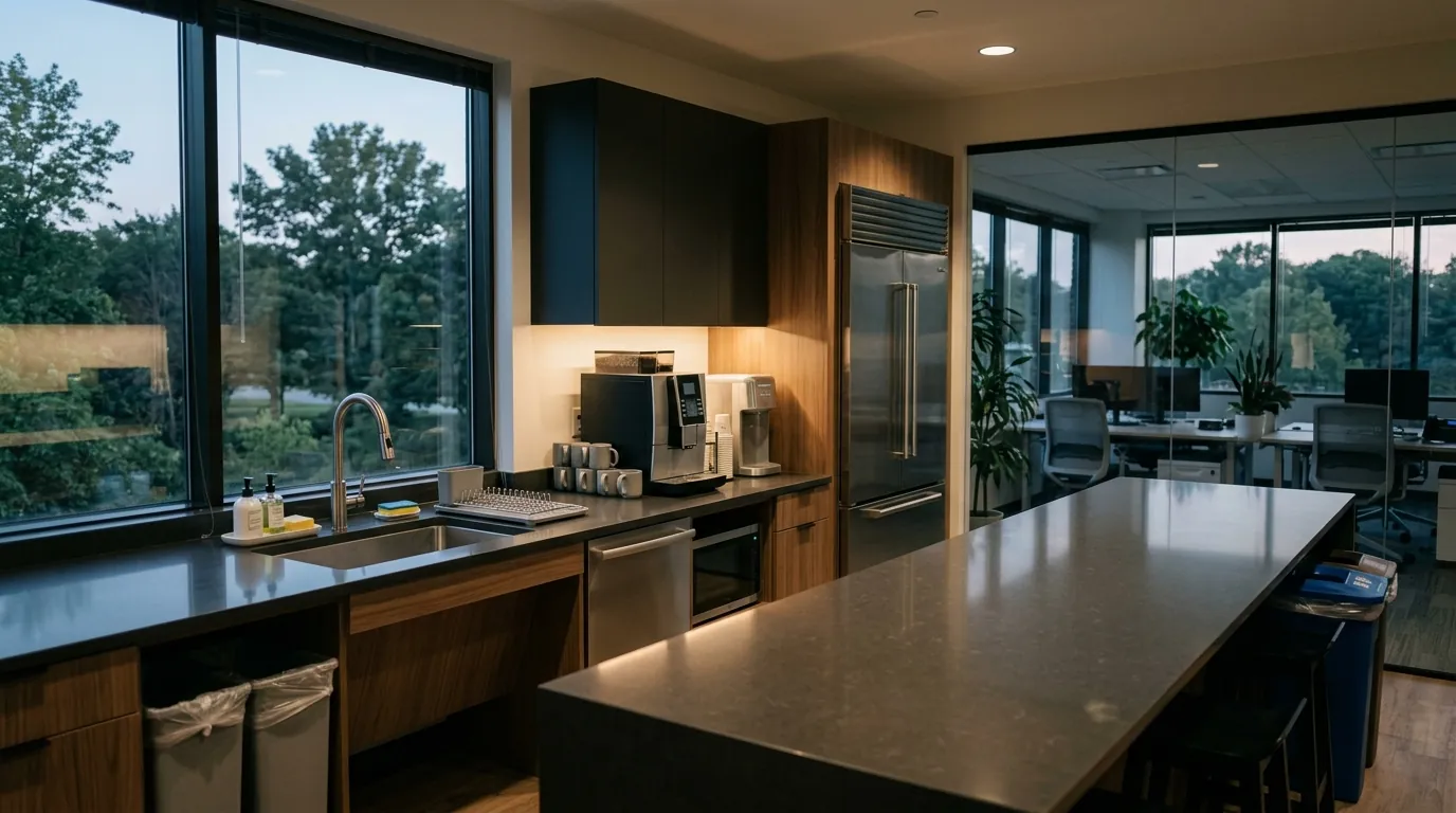 Office kitchen after an evening clean